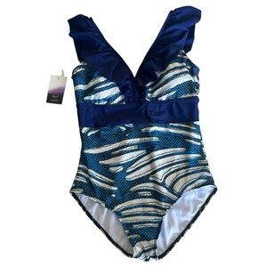 NWT Averie Swim Medium Ruffle Plunge One Piece Swimsuit Blue Abstract